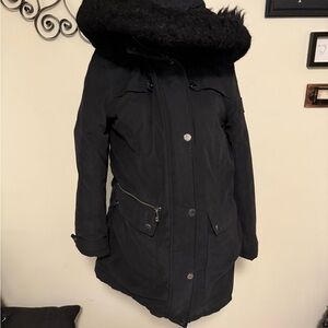 DKNY Black Puffer Coat with Fur Hood